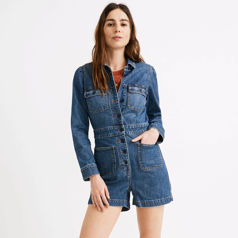 Madewell Denim Long-Sleeve Romper in Vasey Wash (size L)